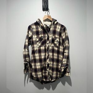 Full Tilt Plaid Multicolor Button Down Shirt with Sherpa Lined Hood M